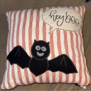 NWT MAGASCHONI Bat Appliqué Throw Pillow 18x18, Pink Stripe, “hey Boo” Halloween